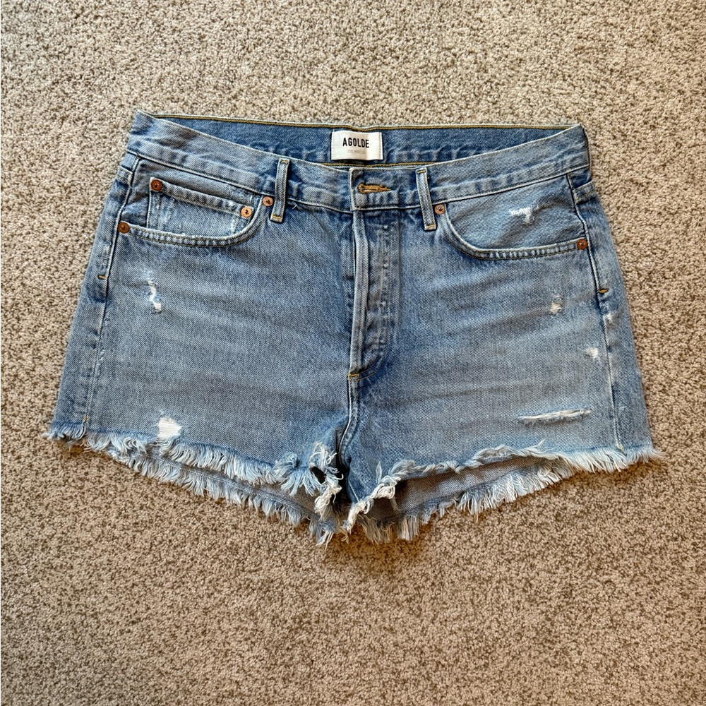 Agolde Blue Jean Shorts Distressed Cut-Off Style